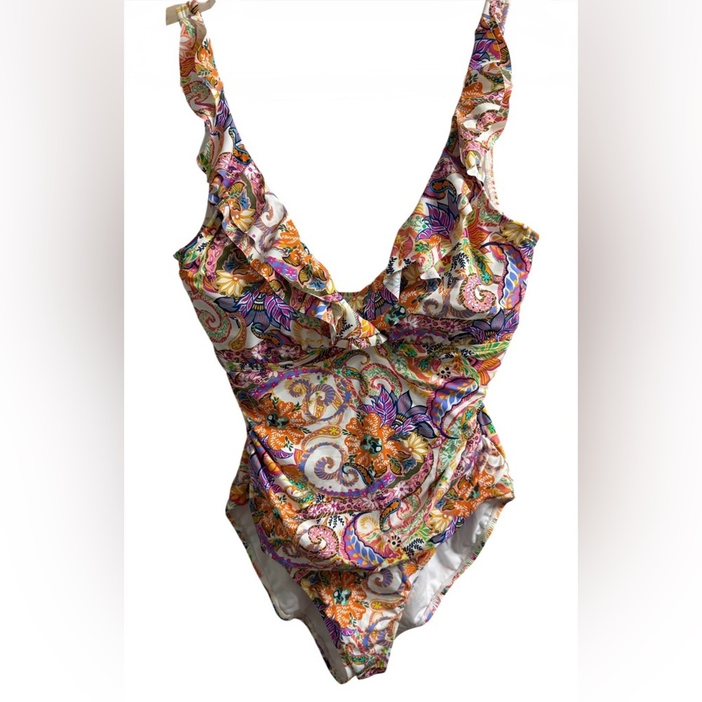 RALPH LAUREN ONE PIECE SWIMSUIT SIZE 16 PAISLEY FLORAL RUFFLE STRAP V-NECK - Picture 3 of 11